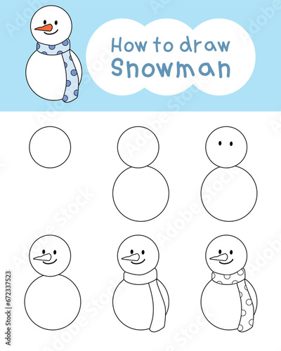 How to draw snowman cartoon step by step for learning, kid, coloring book. Vector illustration