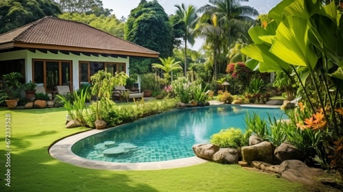 Nice tropical backyard, idyllic scenic courtyard with swimming pool. Landscaping of residential house in summer. Scenery of luxury home garden, tropical bungalow back yard © Creative artist1