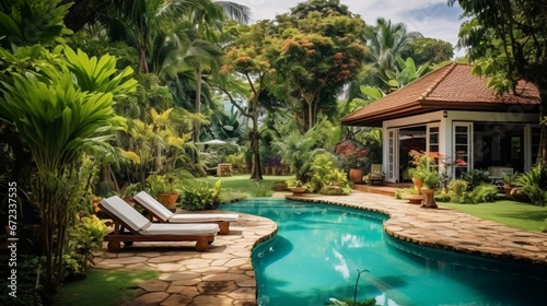 Nice tropical backyard, idyllic scenic courtyard with swimming pool. Landscaping of residential house in summer. Scenery of luxury home garden, tropical bungalow back yard © Creative artist1