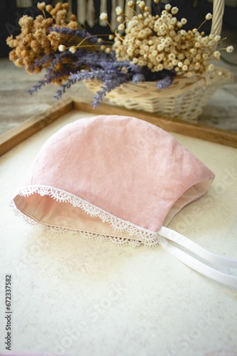 pink Linen and White Lace Handmade Baby Bonnet