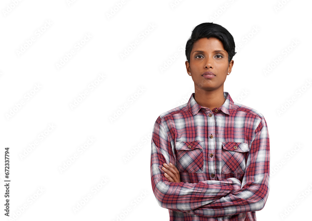 Serious portrait, woman with arms crossed and isolated on transparent png background with hipster fashion. Face of Indian person with confidence, pride and girl with empowerment, opinion or attitude. Serious portrait, woman with arms crossed and isolated on transparent png background with hipster fashion. Face of Indian person with confidence, pride and girl with empowerment, opinion or attitude.