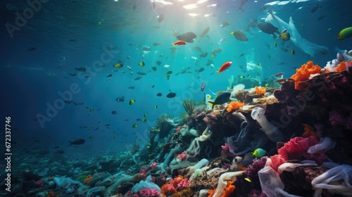 A vibrant coral reef scene transitioning into a plastic-polluted ocean, illustrating the impact of human actions on the planet © Татьяна Креминская