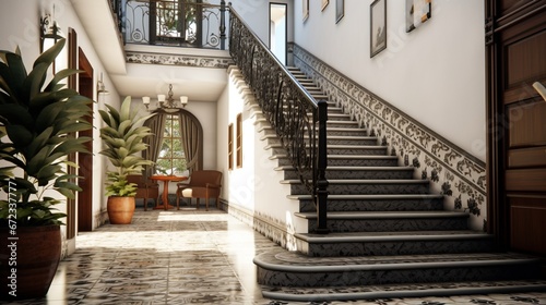 Old style design white and black tiled house stairs 8k 