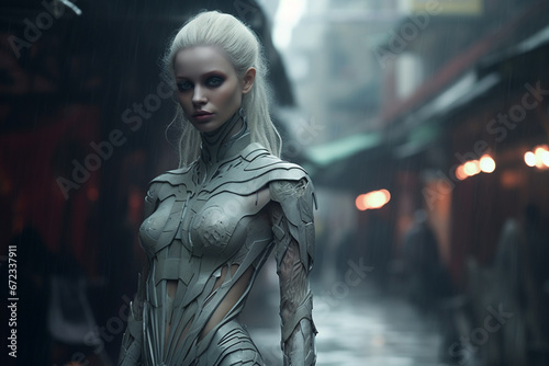 Sci-fi, fantasy, fashion and style, make-up concept. Futuristic beautiful blonde woman portrait with fancy bright futuristic clothing. Future self cyberpunk style photo