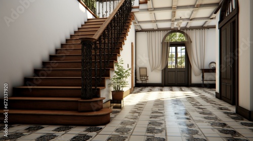 Old style design white and black tiled house stairs 8k 