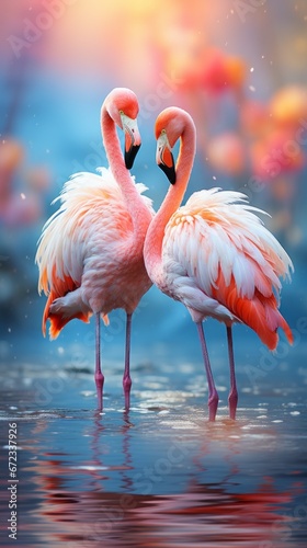 Two pink flamingo birds in blue water on a blue sky