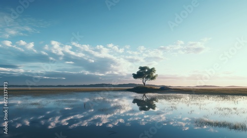 Serene Sunrise Over a Tranquil Lake with a Lone Tree on an Island
