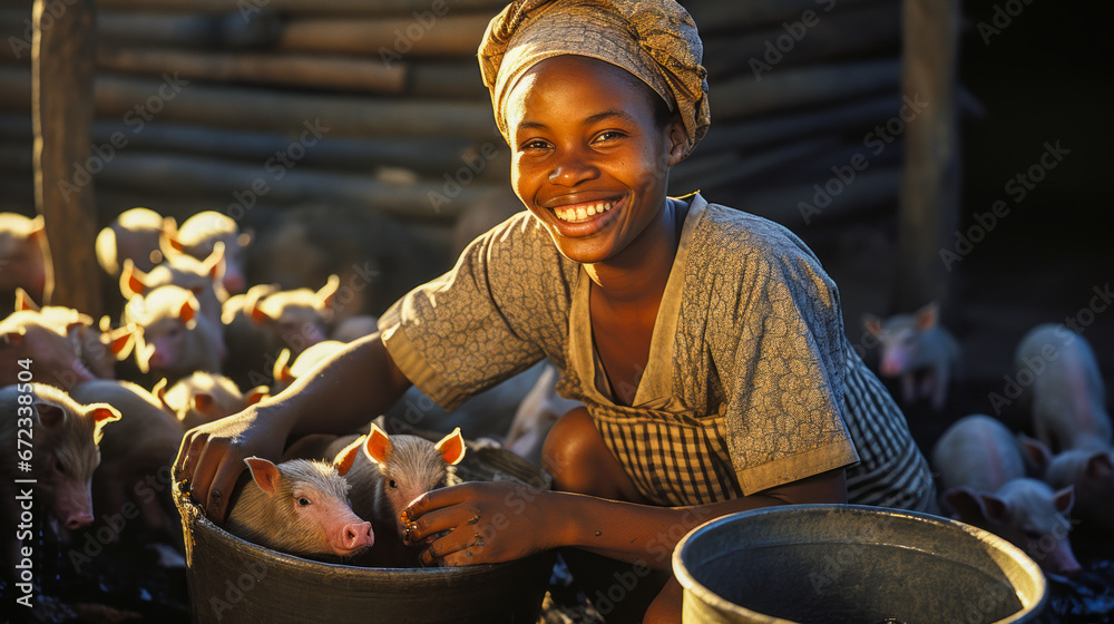 African farmer woman feeding pigs in clean pigsty. - obrazy, fototapety, plakaty 