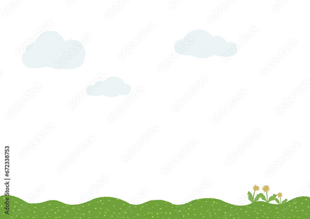 起伏のある緑の野原とたんぽぽの背景素材：フッター,飾り帯,春,雲,