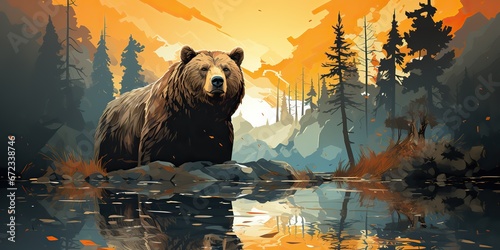 AI Generated. AI Generative. Wild bear at nature outdoor landscape. Forest lake with mountain decoration. Painting drawing art. Graphic Art photo