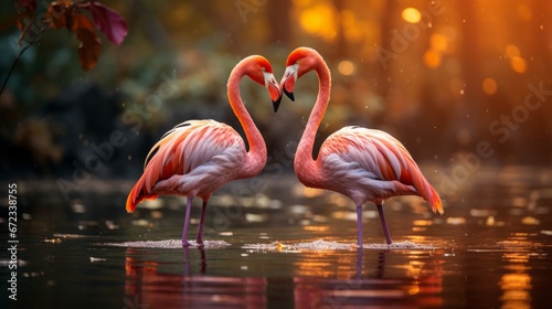 Two flamingos in the water. Wildlife scene from tropic nature.