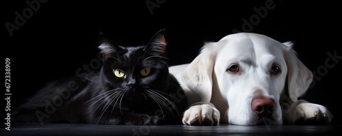 Black cat and white dog lying together on the floor. Banner with pets on black background.