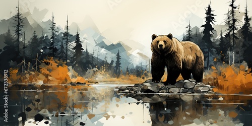 AI Generated. AI Generative. Wild bear at nature outdoor landscape. Forest lake with mountain decoration. Painting drawing art. Graphic Art © AkimD