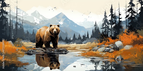 AI Generated. AI Generative. Wild bear at nature outdoor landscape. Forest lake with mountain decoration. Painting drawing art. Graphic Art