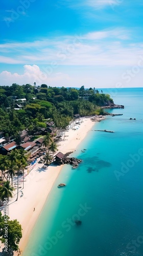 Realistic aerial photographs in a high angle at the beach that's a tourist attraction in Southeast Asia.
