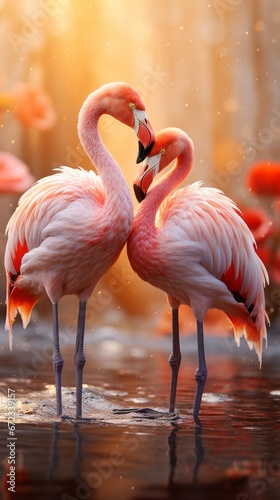 Two flamingos standing in water at sunset. Beautiful pink flamingo.