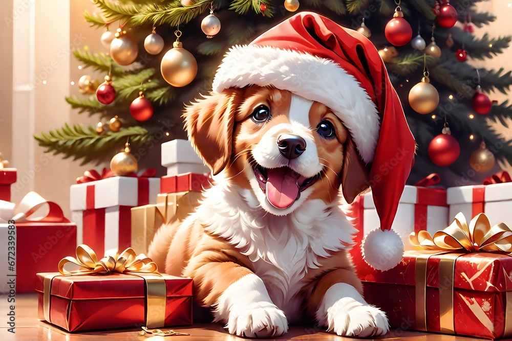 Funny Cute Puppy with a Santa Claus Hat (JPG 300Dpi 10800x7200)
