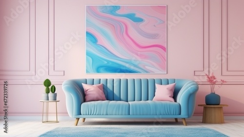 Patterned carpet in pink and blue living room interior with sofa against white wall with painting 8k 