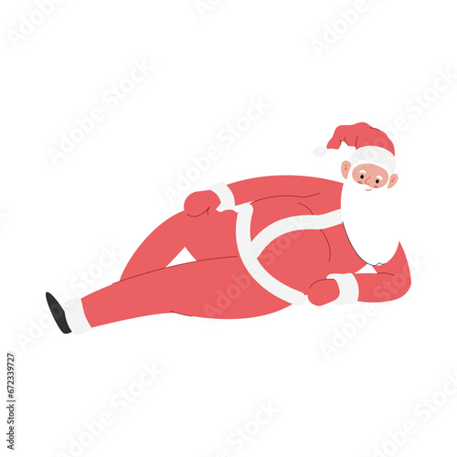 Modern flat vector illustration of cheerful Santa Claus laying down, wearing red clothes, xmas activity on white background