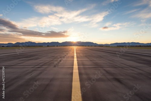 Clouds aglow with the warmth of the setting sun, casting their radiance over the vast and unoccupied airport runway photo