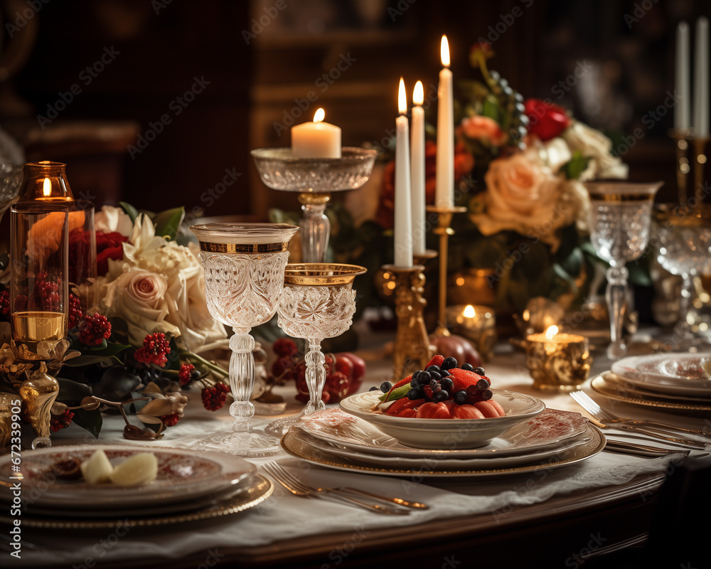 An opulent dining table with extravagant place settings, candles, and holiday dishes.