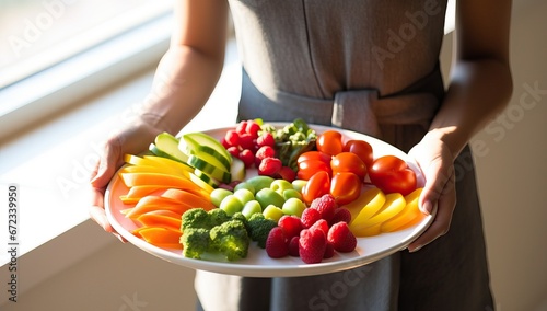 Woman holding a plate of colorful fruits and vegetables