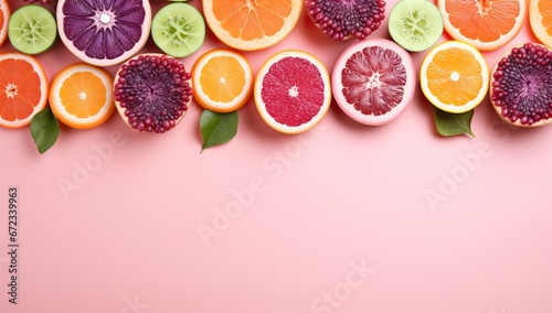 Different types of citrus fruit on pink background