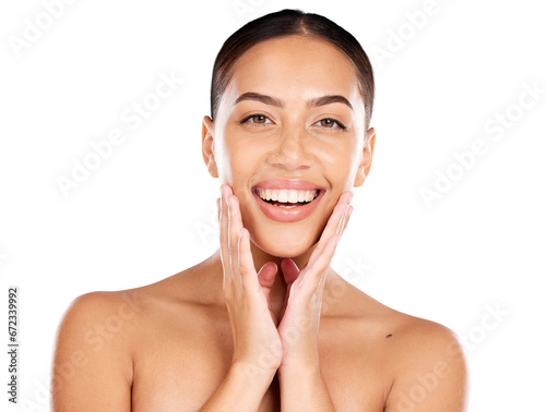 Portrait of woman, skincare or beauty cosmetics in shine, wellness or healthy glow isolated on a transparent PNG background. Happy model touching face after facial laser, chemical peel or dermatology photo