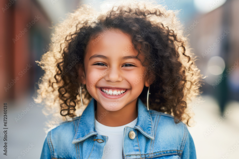 Young Latinx model in denim vest, grinning broadly.