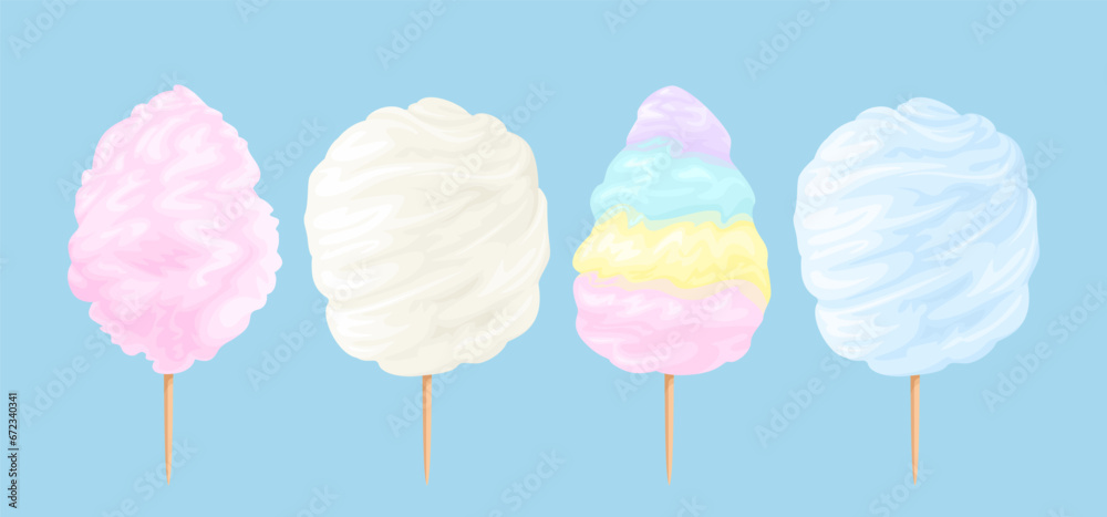 Set of colorful cotton candy isolated on blue background. Vector ...