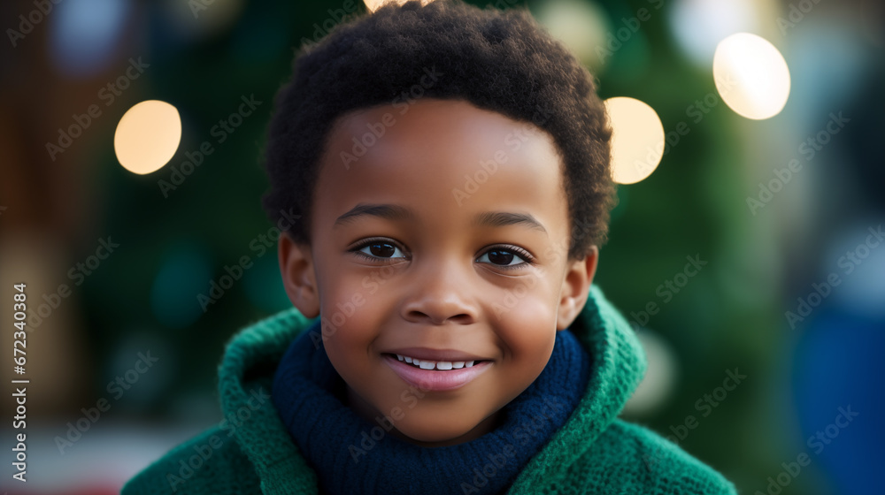 smiling african american child in blue sweater, among green christmas background smiling african american child in blue sweater, among green christmas background