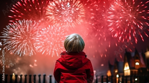 laughing blonde toddler boy in red clothes, admiring first fireworks among night christmas background