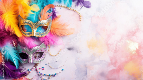 Carnival border on marble background. Mardi gras masks, feathers and beads.