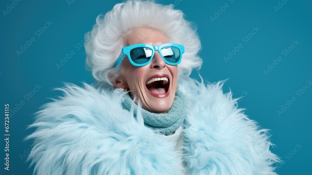 Happy elderly woman in blue neon clothes wear a fur scarf Wear sunglasses and an extravagant style. laugh and smile Trendy grandma poses in the studio. - obrazy, fototapety, plakaty 