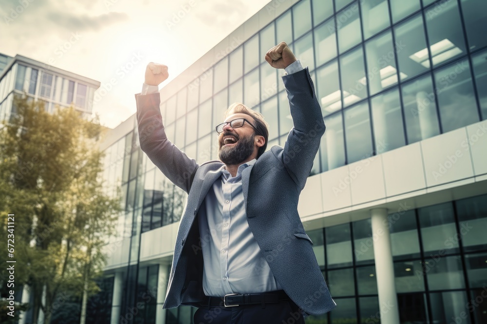 Businessman raises his hands joyful and happy to celebrate victory and success in his work. Businessman raises his hands joyful and happy to celebrate victory and success in his work.
