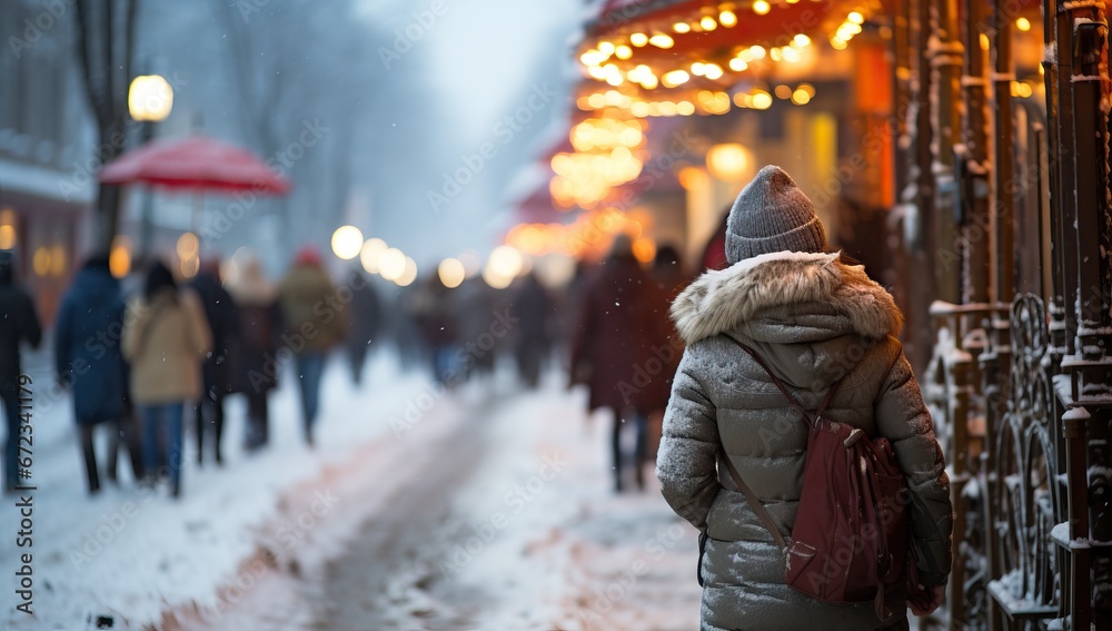 Woman Walking on Snowy Street in Winter