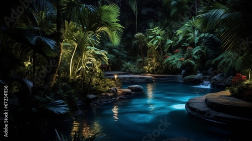 Pool in the tropical garden by night. 8k 