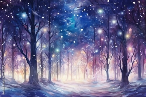 Magical Christmas watercolor forest with shining lights. Fairytale abstract illustration style. Holiday celebration concept. © Acronym