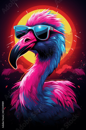 cooler crazy Flamingo Vogel mit Sonnenbrille in Partystimmung mit guter Laune. Hochkant. Hochformat. Generative Ai. photo