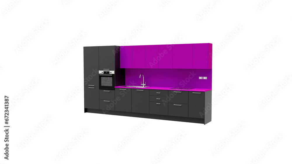 Obraz premium KITCHEN DESIGN 3D RENDERING MODEL ISOLATED ON WHITE. DARK GREY AND PURPLE KITCHEN PERSPECTIVE VIEW PNG TRANSPARENT