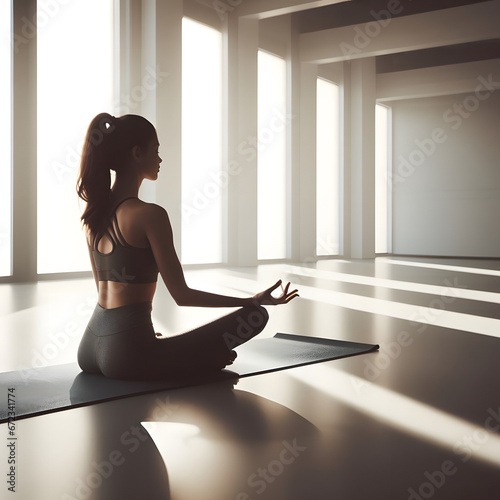 Una fotografía de una mujer meditando o practicando yoga en una serena clase de gimnasia muy minimalista.