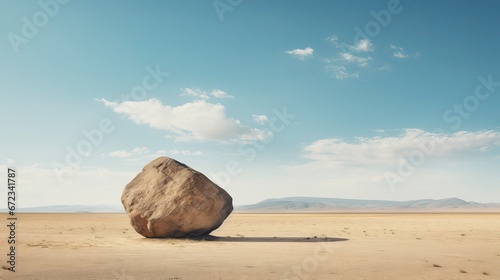 Large Weathered Boulder in Arid Desert Landscape with Distant Mountains and Blue Sky