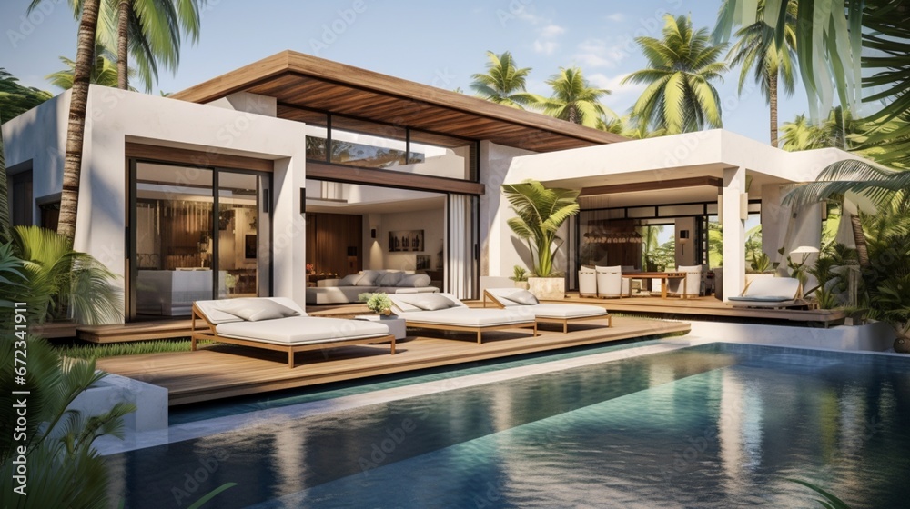 real estate luxury exterior design pool villa with interior design living room home, house ,sun bed 8k,