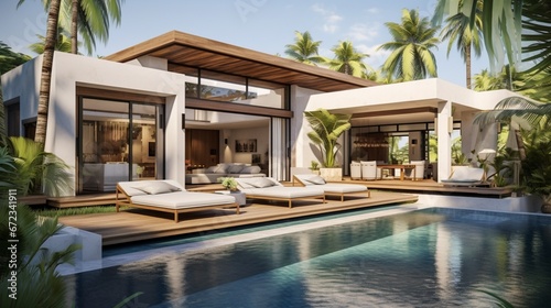 real estate luxury exterior design pool villa with interior design living room home, house ,sun bed 8k, © Creative artist1