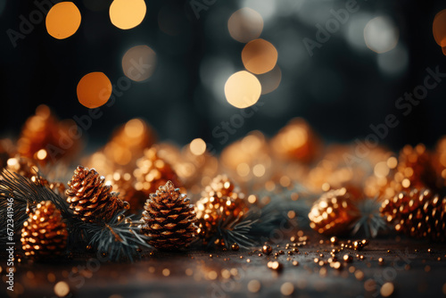Coniferous branches and blurry shiny golden lights in Christmas and New Year atmosphere  AI Generated  