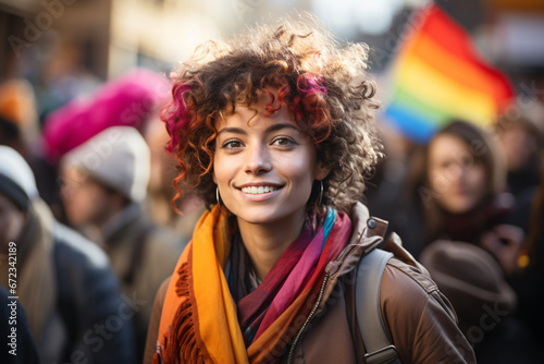 Cheerful woman with curly hair and rainbow scarf outdoors