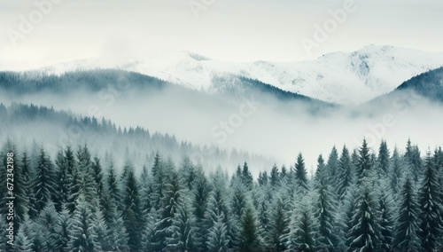Snowy Mountain Landscape with Foggy Trees © Meow Creations