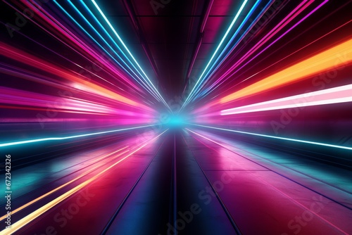 Glowing tunnel with colored light streaks. photo