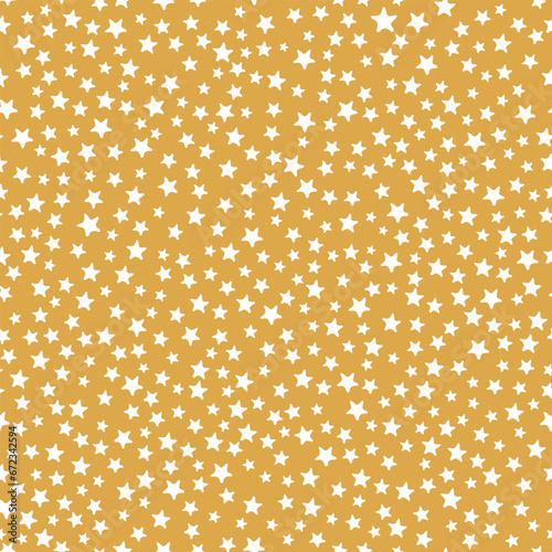 All over vector seamless repeat pattern with ditsy tossed white stars on golden mustard background. Versatile everyday and kids backdrop in golden honey mustard color.