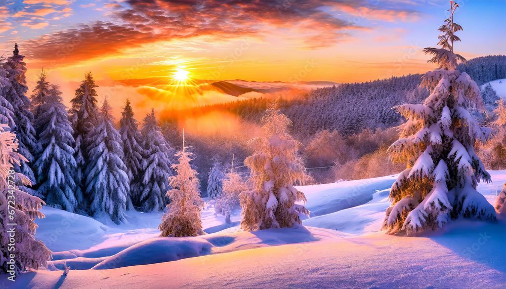 Picturesque winter landscape of snowy valley covered by coniferous woods at sunset
